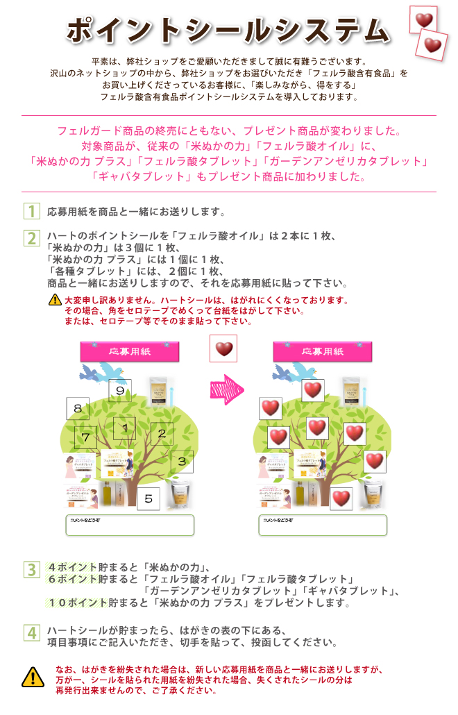 フェルラ酸含有食品　ポイントシールシステム　応募方法